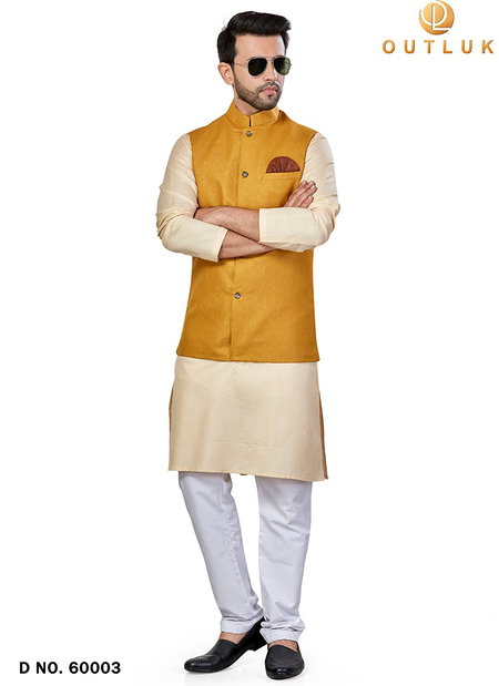 Mustard Colour Outluk Vol 60 New Festive Wear Kurta Pajama With Jacket Mens Collection 60003